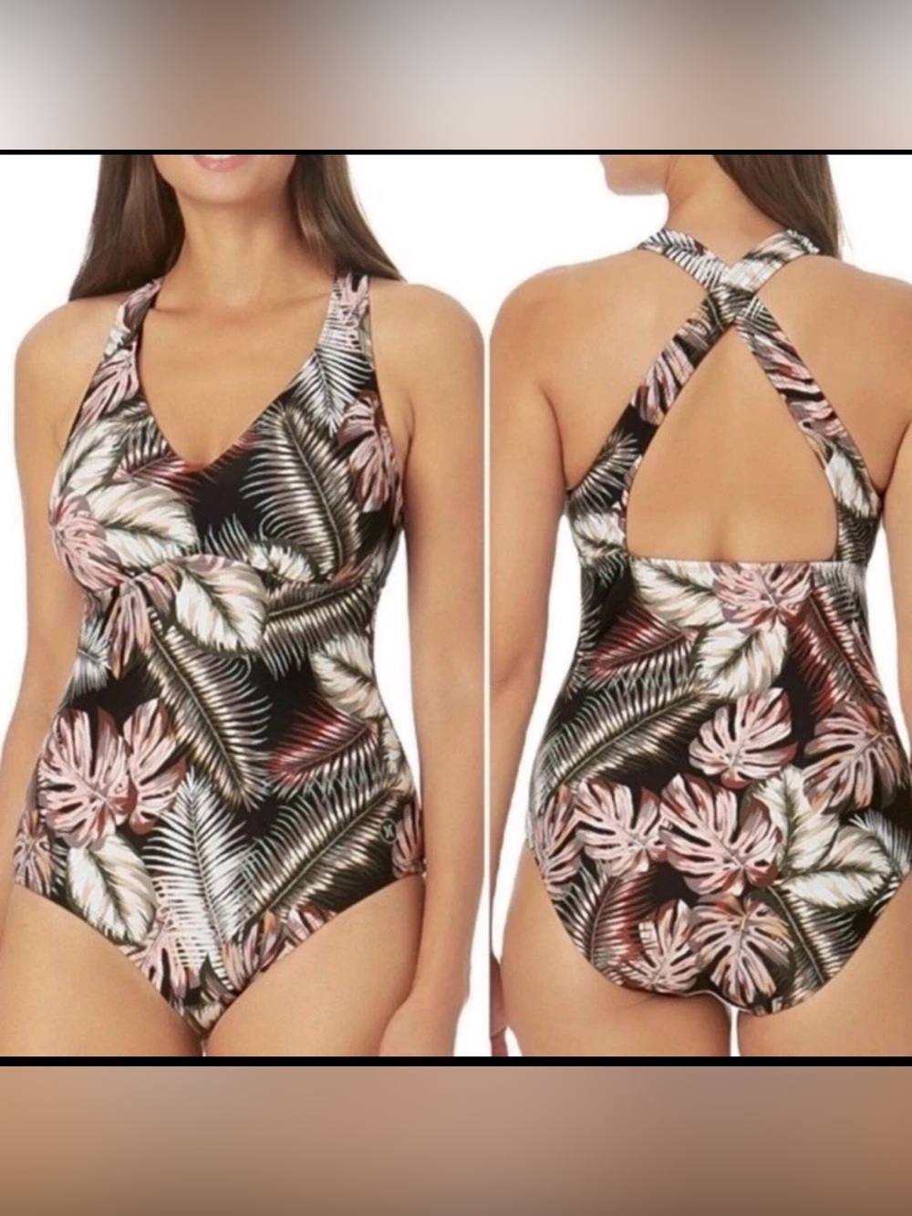 Hurley Black One-Piece Swimsuit with Blush & Ivory Tropical Leaf Print